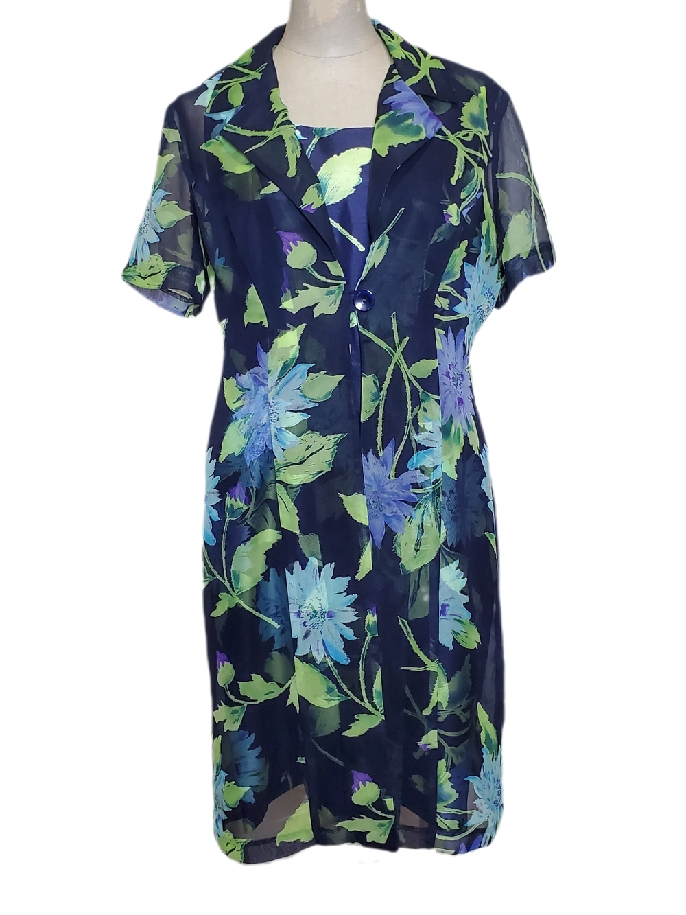 Scarlett Navy Floral Sheath Dress with Matching Sheer Overlay Sz 10P